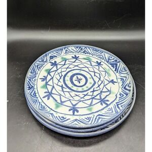 Set/3 Studio Art Pottery 10" Terrace Plates Blue Pattern Signed Aida